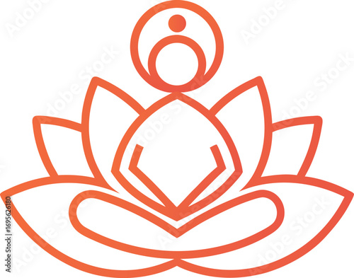 Vector art of an orange outline of a person meditating in a lotus position within a lotus flower, representing yoga and spirituality.