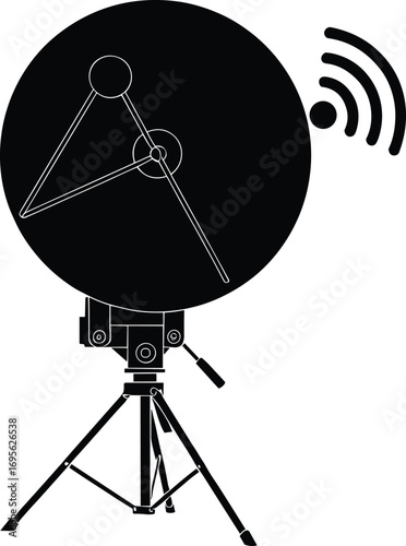 Satellite communication dish antenna silhouette, broadcasting technology symbol, wireless signal transmission, telecommunication network equipment, radar dish on tripod stand illustration