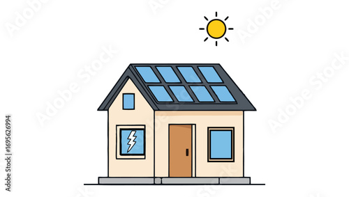 Illustration of a house with solar panels on the roof, generating clean energy from the sun