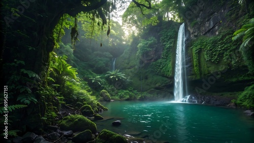 Lush Tropical Waterfall Cascade Plunging into Emerald Pool Surrounded by Greenery and Sunlight