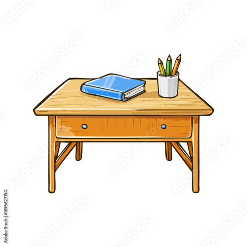 Wooden study table with book and pencils