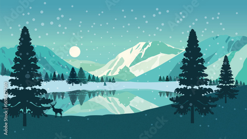 Pine Trees by Frozen Lake with Scenic Mountains