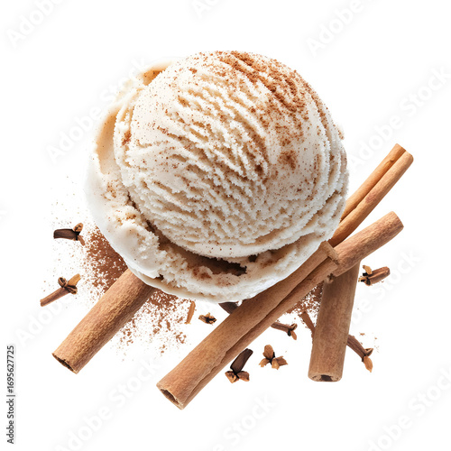 Delicious cinnamon ice cream scoop with spice sticks on black background