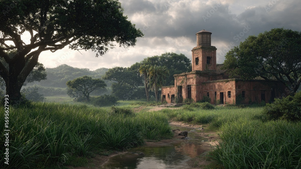Fototapeta premium Ruined church in a sunlit, misty, lush landscape