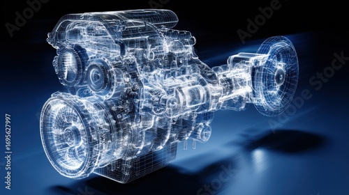 Detailed 3D Illustration of a Transparent Engine Structure with Digital Effects and Blue Background