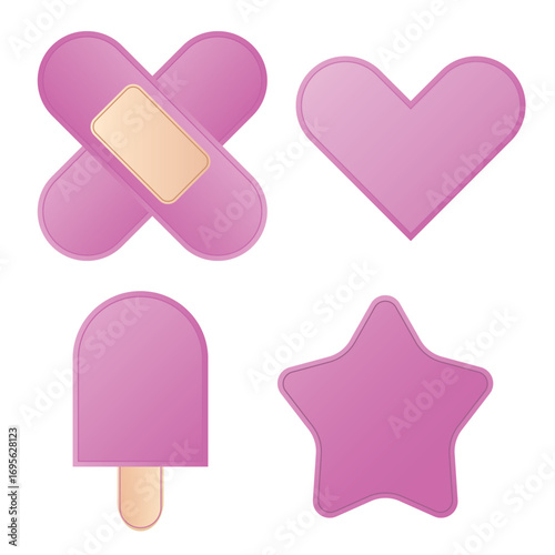 Purple kids bandage aid, love, popsicle and star gradient shape, icon set for decoration 