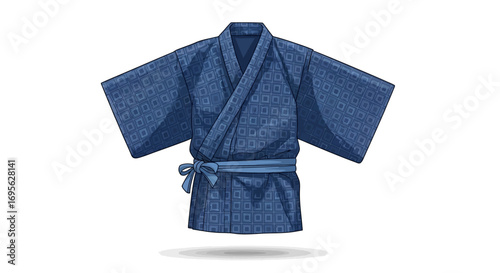 Illustration of a blue Japanese traditional yukata robe, open and tied.