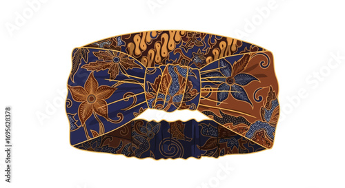 A batik patterned headband with a bow detail, featuring floral and swirling designs in brown, blue, and gold, isolated on a white background.