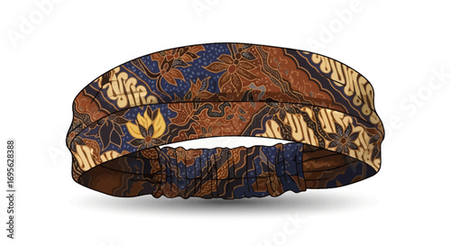 A close-up shot of a batik-patterned headband, showcasing its intricate design and elastic back on a white background.