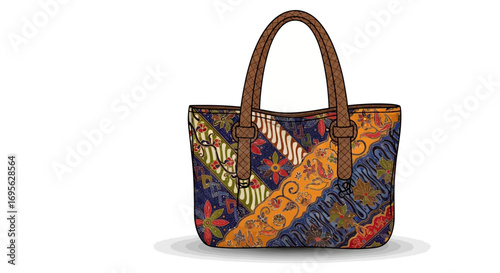 A colorful tote bag with a batik pattern, featuring brown handles, isolated on white.