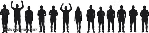 Silhouette group of people standing together, men and women poses, teamwork unity concept, diverse crowd illustration, business community graphic design