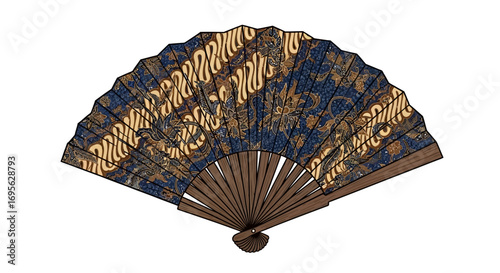 An ornate hand fan with a dark blue and gold patterned design, featuring a wooden handle and ribs, isolated on a white background.