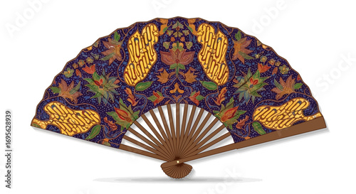An ornate hand fan with a dark blue background and intricate floral and paisley-like designs in gold, green, and orange. The fan has a wooden handle.