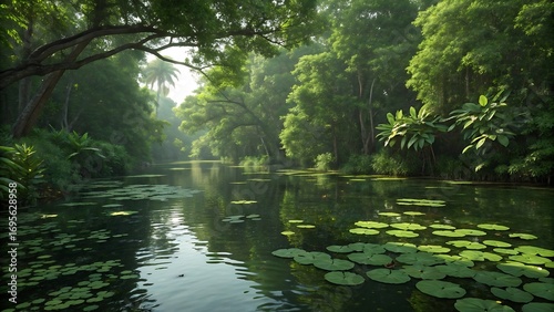 Serene River Scene with Lily Pads and Lush Green Forest Canopy Overhead