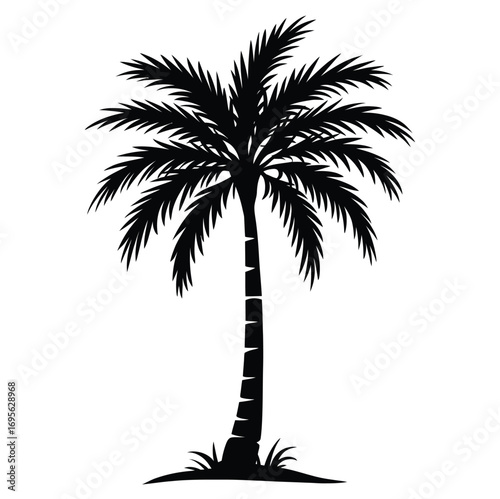 A black and white illustration of a stylized palm tree silhouette isolated on a white background, representing tropical vacations and exotic travel