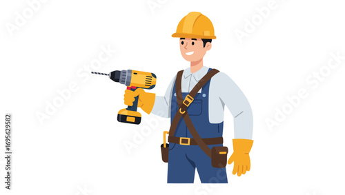 Construction worker holding a power drill wearing a hard hat, ready to work on a building project