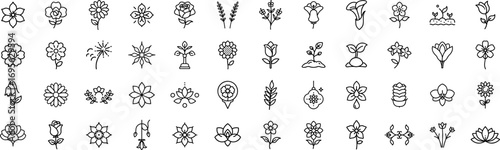 Mega collection of floral outline vector icons including rose, tulip, daisy, orchid, lotus, and decorative blossoms in hand drawn doodle style for botanical, garden, and nature design