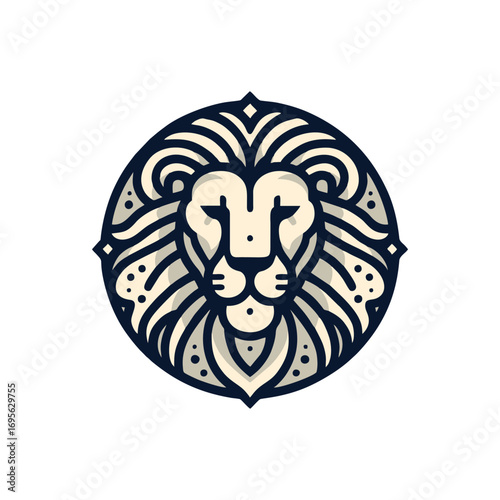 Circular lion emblem with intricate mane design