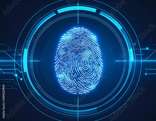 A glowing blue digital fingerprint displayed within a futuristic circular scanning interface, representing biometric security and identification technology.