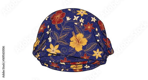 A close-up view of a blue fabric head covering adorned with floral patterns.