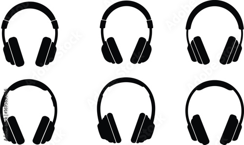 Silhouette headphones collection, audio headset design, wireless earphones, music sound equipment, modern technology, black icons, entertainment, sound, listening