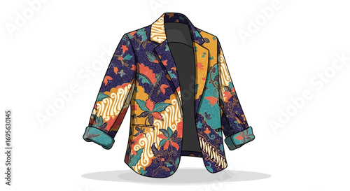 Colorful batik-patterned blazer illustration, featuring intricate design and a black inner lining.