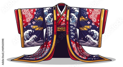 A vibrant and detailed illustration of a traditional Japanese kimono, showcasing intricate patterns.