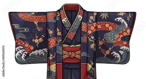 Illustration of a detailed navy blue kimono with intricate designs featuring waves, clouds, flowers, and geometric patterns, tied with a red obi.