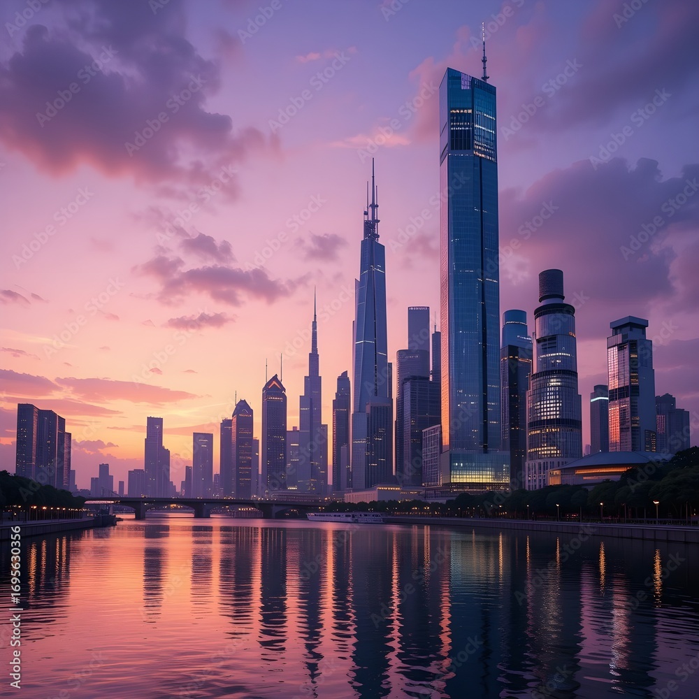 Obraz premium Urban skyline at sunset skyscrapers reflecting in the rivers tranquil water