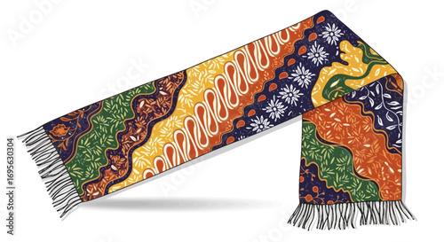 A colorful batik scarf with intricate patterns and fringe, displayed diagonally on a white background, casting a soft shadow.