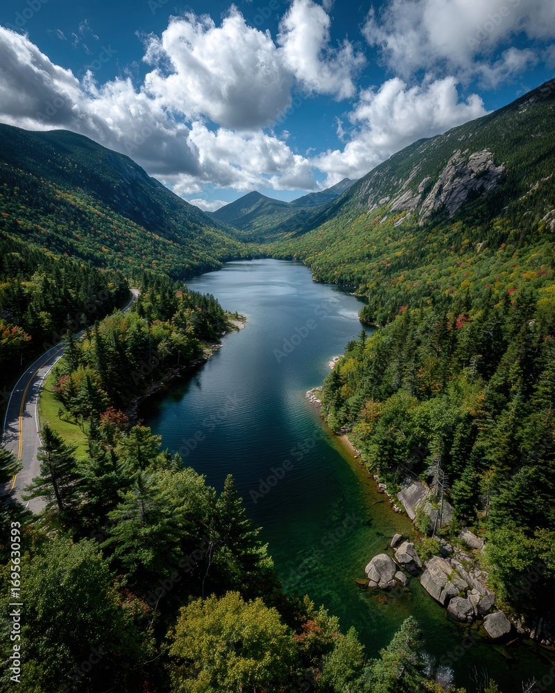 Naklejka premium National New Hampshire Day Scenic Lake View with White Mountains Landscape in Early Autumn Premium Authentic Nature Travel Marketing Content