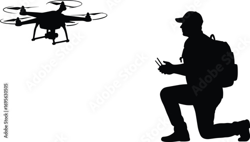 Silhouette man flying drone, operator controlling quadcopter, drone technology concept, modern aerial photography, outdoor exploration, innovation, adventure, wireless remote control