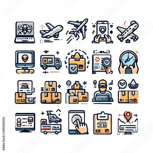 Colorful icons depicting travel logistics and technology