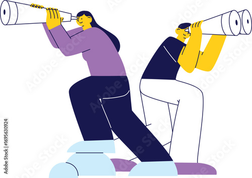 Flat geometric characters using telescopes for exploration, discovery, and teamwork scenes.