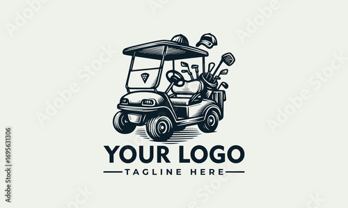 A detailed illustration of a golf cart with golf clubs, and a golf ball.