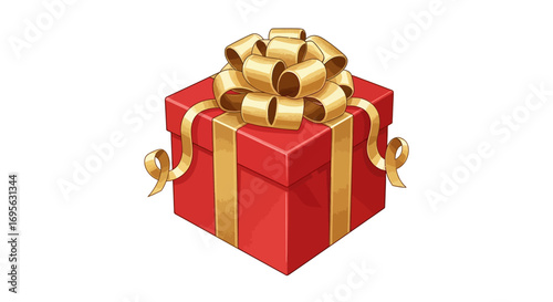 A vibrant red gift box adorned with a decorative golden bow, ready for giving.