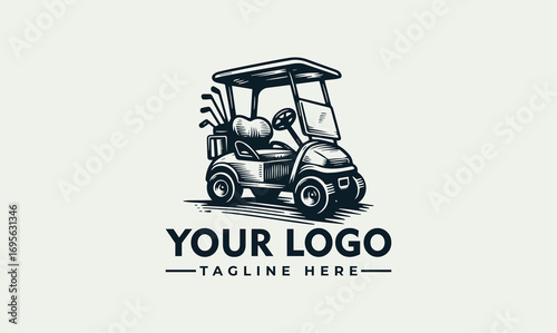 A detailed illustration of a golf cart with clubs, ready for the course.
