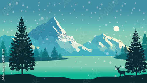 Snowy Lake with Pine Trees and Mountain Peaks