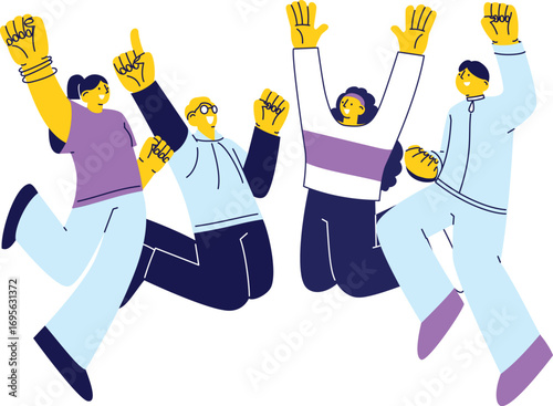 Energetic flat characters jumping in celebration, representing positivity, achievement, and group success.