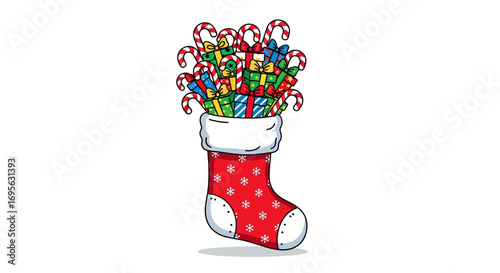 A cartoon Christmas stocking filled with colorful wrapped gifts and candy canes, against a white background.