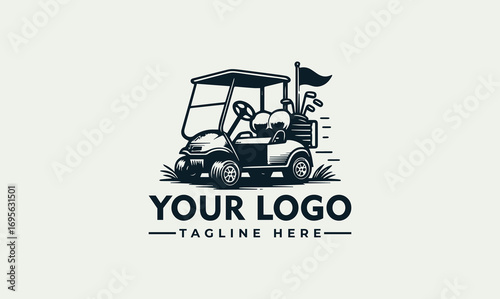 A golf cart with clubs and a flag is depicted in a monochrome illustration on a light background.