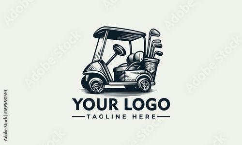 A detailed illustration of a golf cart with golf clubs, and a golf ball.