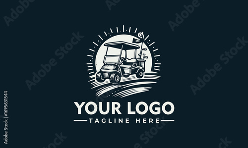 A stylized illustration of a golf cart parked in front of a rising sun, ready for play.