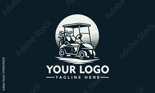 A stylized illustration of a golf cart parked in front of a rising sun, ready for play.