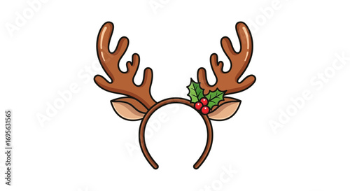 A cartoon depiction of a reindeer antler headband, adorned with holly berries, isolated on white.