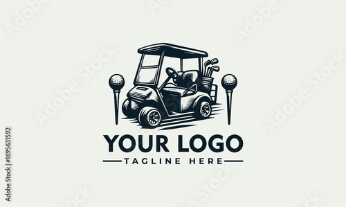 Golf cart illustration with golf clubs, flanked by golf tees, above customizable text.