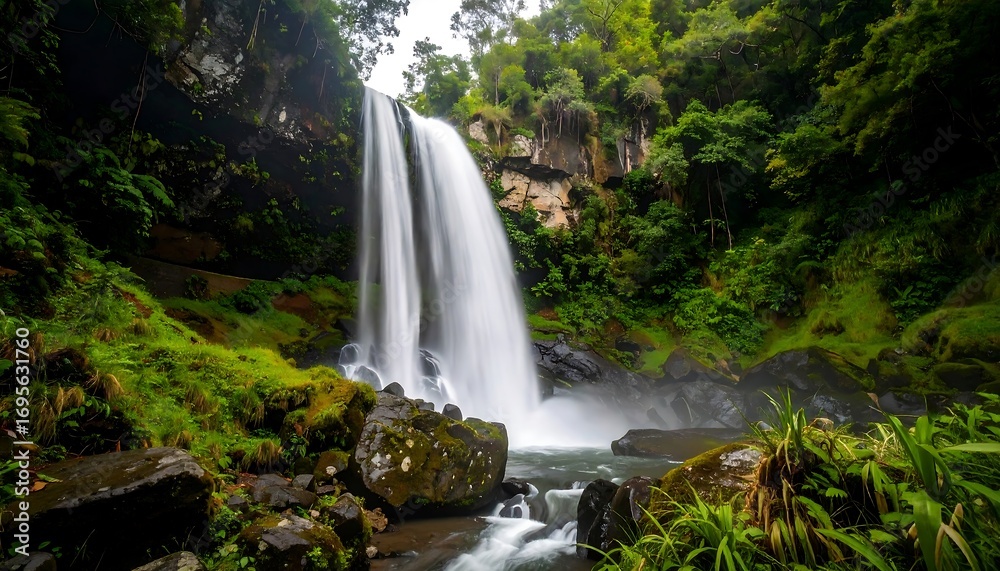 Fototapeta premium Lush waterfall cascading down mossy rocks