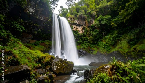 Lush waterfall cascading down mossy rocks