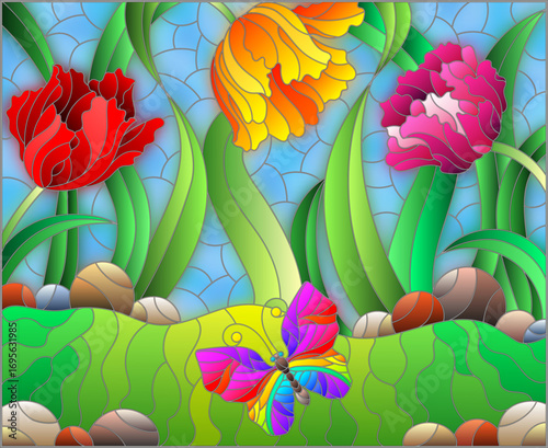 Illustration in the style of a stained glass window with flowers of tulips and butterflies against the sky