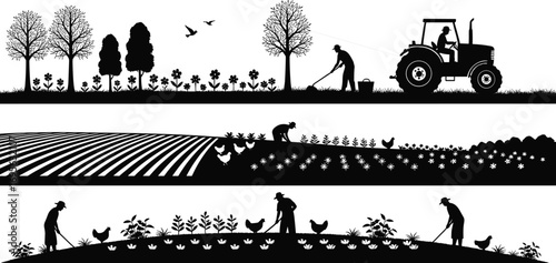 Farmers working in agricultural fields with tractor, chickens, trees, and crops in black and white vector farming illustration for design.
